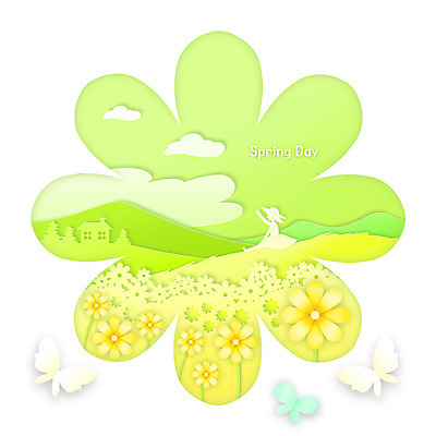 PSD 구름 꽃 실루엣 나비 백그라운드 꽃밭 일러스트 프레임 사람모양 따뜻함 사람없음 초록색 봄풍경 봄 페이퍼아트 힐링 불꽃모양 봄배경 국내일러스트 자연요소 모양 식물 계절 컬러 곤충 촬영기법 풍경 파일형식