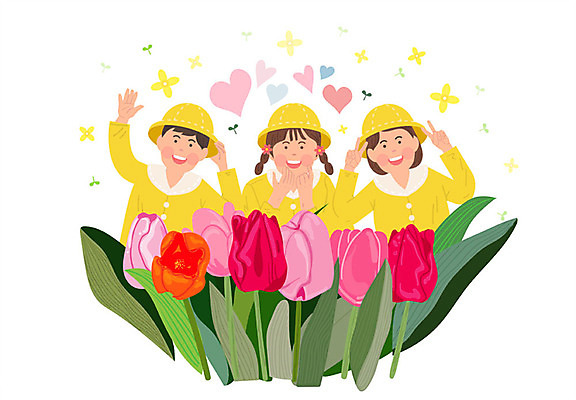 공원 여자 남자 꽃 어린이 포즈 꽃밭 일러스트 미소 사람 상반신 세명 소풍 노란색 유치원생 튤립 하트 즐거움 브이 유치원복 봄소풍 유치원모자 어린이만 국내일러스트 AI파일 모양 식물 모자_잡화 옷 공공시설 감정 컬러 표정 손짓 야외활동 봄 파일형식 벡터