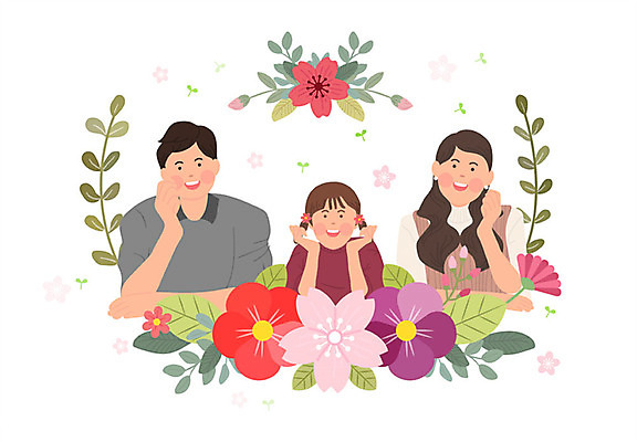 공원 여자 남자 꽃 어린이 포즈 잎 일러스트 가족 엄마 미소 사람 상반신 성인 세명 소풍 턱괴기 봄 아빠 제비꽃 핵가족 즐거움 봄소풍 국내일러스트 AI파일 식물 계절 공공시설 감정 관계 모션 표정 야외활동 파일형식 벡터