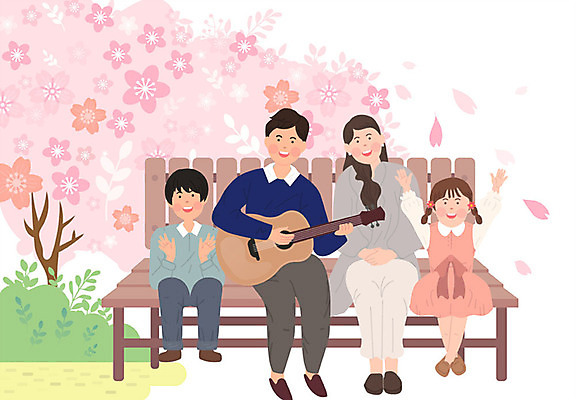전신 공원 여자 남자 꽃잎 딸 아들 어린이 분홍색 연주 벤치 일러스트 가족 엄마 미소 사람 앉기 여러명 성인 소풍 손들기 봄 벚꽃 기타 아빠 벚나무 핵가족 즐거움 손인사 낙화 봄소풍 국내일러스트 AI파일 나무 계절 공공시설 꽃 감정 음악 컬러 다수 의자 관계 모션 현악기 표정 야외활동 인사 파일형식 벡터