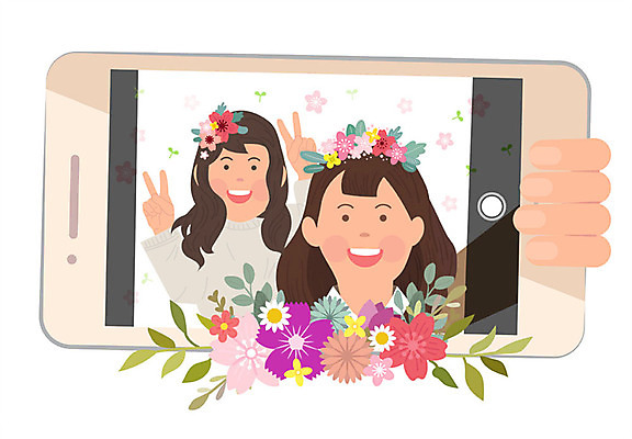 여자 꽃 포즈 잎 일러스트 사람 상반신 성인 두명 스마트폰 소풍 화관 봄 셀프카메라 즐거움 브이 봄소풍 성인여자만 국내일러스트 AI파일 식물 계절 감정 손짓 핸드폰 스마트기기 야외활동 사진촬영 여자만 성인만 파일형식 벡터