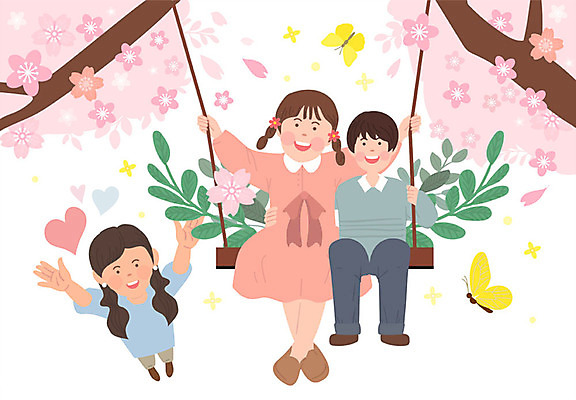 전신 공원 여자 남자 어린이 분홍색 나비 잎 두마리 일러스트 봄꽃 가족 엄마 미소 사람 소녀 소년 성인 세명 소풍 자녀 벚나무 개나리 즐거움 그네 봄소풍 어린이만 국내일러스트 AI파일 나무 식물 공공시설 꽃 감정 컬러 곤충 2 관계 표정 야외활동 봄 벚꽃 파일형식 벡터