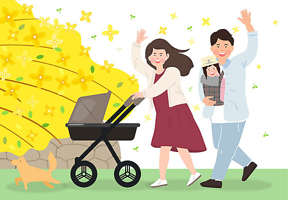 전신 한마리 여자 남자 일러스트 가족 안기 엄마 돌담 미소 사람 성인 세명 소풍 노란색 봄 아기 아빠 강아지 개나리 핵가족 즐거움 손인사 유모차 봄소풍 아기띠 국내일러스트 AI파일 1 계절 꽃 감정 컬러 관계 모션 표정 담장 반려동물 야외활동 아기용품 돌_바위 인사 개 파일형식 벡터