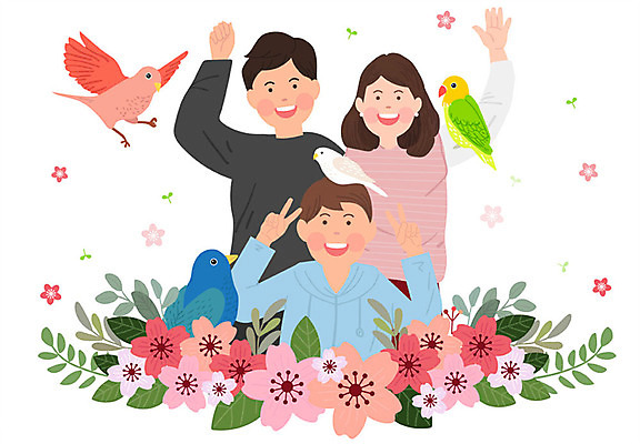 여자 남자 꽃 어린이 포즈 여러마리 일러스트 가족 조류 엄마 미소 사람 상반신 성인 세명 소풍 봄 벚꽃 아빠 핵가족 즐거움 브이 앵무새 손인사 봄소풍 국내일러스트 AI파일 식물 동물 계절 감정 다수 관계 표정 손짓 야외활동 인사 파일형식 벡터