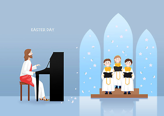 전신 PSD 여자 남자 기독교 어린이 악기 연주 일러스트 부활절 기념 사랑 사람 이벤트 여러명 성인 파란색 교회 믿음 예수 하나님 건반 피아노 부활 찬양 합창 성가대 반주 성가복 국내일러스트 기념일 감정 종교 음악 컬러 다수 노래 종교건축 건물 신_종교 건반악기 파일형식