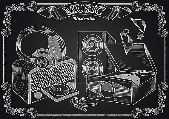 PSD 리본 음악 이어폰 음표 일러스트 프레임 사람없음 헤드셋 칠판 스피커 초크 오디오 초크일러스트 초크아트 CD플레이어 레코드플레이어 국내일러스트 기호 음향기기 문화예술 전자제품 헤드폰 그림 파일형식