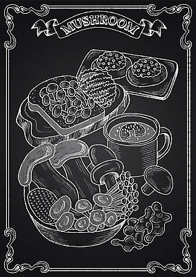PSD 리본 채소 일러스트 프레임 도마 샌드위치 사람없음 컵 칠판 버섯 수프 초크 양송이 팽이버섯 초크일러스트 초크아트 느타리버섯 목이버섯 버섯전 국내일러스트 식기 음식 주방용품 전 그림 파일형식