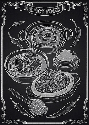 PSD 리본 음식 일러스트 고추 프레임 수저 사람없음 칠판 고추장 냄비 떡볶이 초크 매움 초크일러스트 초크아트 짬뽕 고춧가루 제육볶음 국내일러스트 식기 채소 양념 맛 솥 가루 분식 그림 파일형식