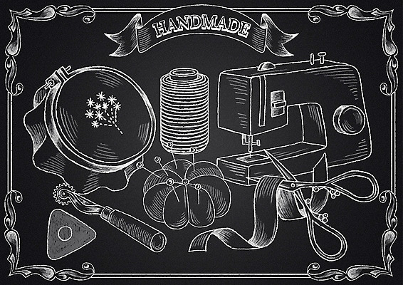 PSD 리본 일러스트 프레임 가위 사람없음 칠판 실 재봉틀 바늘꽂이 초크 초크일러스트 초크아트 자수 핸드메이드 국내일러스트 문구용품 그림 꽂이 파일형식
