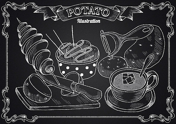 PSD 리본 채소 일러스트 감자 프레임 도마 사람없음 칠판 감자튀김 꼬치 칼 수프 커피잔 각설탕 초크 초크일러스트 초크아트 감자칼 통감자 국내일러스트 커피 주방용품 잔 튀김 설탕 그림 파일형식