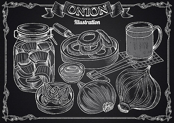 PSD 리본 채소 일러스트 젓가락 양파 프레임 사람없음 컵 칠판 주스 튀김 프라이팬 소스 초크 피클 초크일러스트 초크아트 양파링 장아찌 국내일러스트 식기 음료 음식 주방용품 수저 양념 그림 절임 파일형식