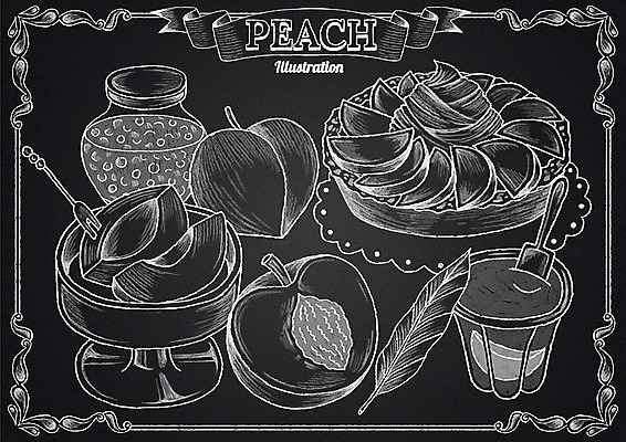 PSD 리본 포크 과일 일러스트 나뭇잎 프레임 사람없음 케이크 칠판 잼 초크 복숭아 초크일러스트 초크아트 푸딩 국내일러스트 식기 잎 디저트 소스_음식 그림 파일형식