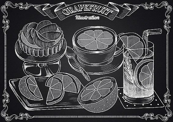 PSD 리본 과일 일러스트 프레임 도마 사람없음 컵 케이크 칠판 티스푼 자몽 초크 초크일러스트 초크아트 자몽에이드 국내일러스트 식기 주방용품 디저트 숟가락 그림 에이드 파일형식