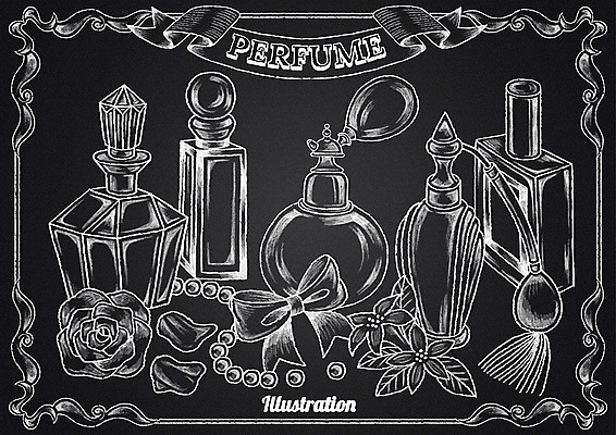 PSD 꽃 리본 일러스트 유리병 프레임 사람없음 뷰티 장미 칠판 구슬 향수 초크 초크일러스트 초크아트 국내일러스트 식물 병_용기 화장품 그림 파일형식