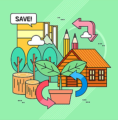 나무 화살표 화분 종이 일러스트 사람없음 책 초록색 연필 새싹 자연보호 그린캠페인 재활용 절약 통나무집 나무밑둥 아나바다 국내일러스트 AI파일 식물 캠페인 컬러 컨셉 자연 학용품 주택 필기구 보호 친환경 파일형식 벡터