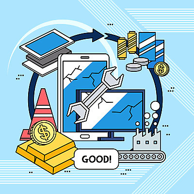 하늘색 돈 일러스트 공장 사람없음 전자제품 스마트폰 자연보호 스크린 모니터 그린캠페인 텔레비전 재활용 스패너 절약 건전지 분해 금괴 아나바다 컨베어밸트 국내일러스트 AI파일 캠페인 컨셉 공업 자연 파란색 핸드폰 스마트기기 컴퓨터 기계 공구 재산 황금 보호 친환경 파일형식 벡터