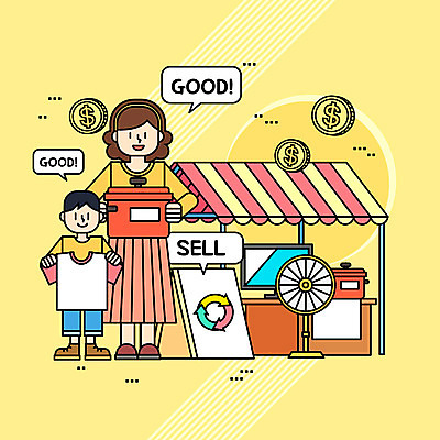 전신 옷 여자 남자 어린이 돈 일러스트 사람 성인 두명 노란색 판매 자연보호 모니터 그린캠페인 동전 재활용 가전제품 절약 선풍기 냄비 천막 가판대 아나바다 중고 국내일러스트 AI파일 모자관계 아들 캠페인 컬러 컨셉 가족 자연 엄마 컴퓨터 재산 보호 솥 친환경 파일형식 벡터