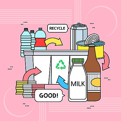 화살표 종이 분홍색 일러스트 유리병 사람없음 자연보호 그린캠페인 재활용 쓰레기통 절약 캔 분리수거 페트병 맥주병 아나바다 국내일러스트 AI파일 캠페인 컬러 컨셉 자연 술병 병_용기 맥주 보호 친환경 병_담는 파일형식 벡터
