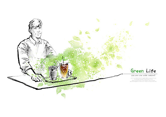 PSD 남자 커피 일러스트 캘리그라피 붓터치 나뭇잎 잔 쟁반 한명 사람 상반신 성인 초록색 자연보호 환경 그린캠페인 카페 종이컵 일회용 에코 번짐 바리스타 아이스커피 테이크아웃컵 성인남자한명만 그린슈머 국내일러스트 직업 1 식기 음료 캠페인 컬러 잎 자연 컵 상점 보호 남자한명만 성인남자만 파일형식 효과