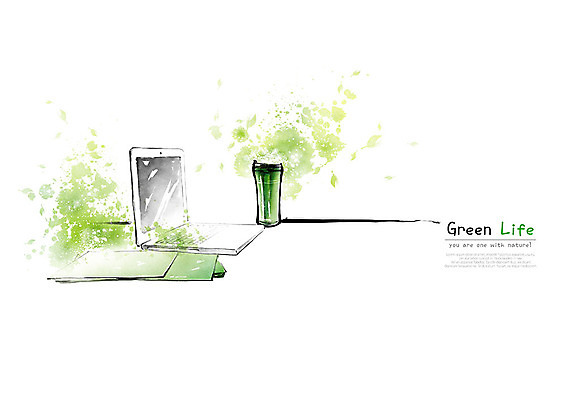 PSD 일러스트 캘리그라피 붓터치 나뭇잎 사람없음 초록색 노트북 자연보호 환경 그린캠페인 업무 에코 문서 번짐 텀블러 국내일러스트 캠페인 컬러 잎 자연 컵 전자제품 작업 보호 파일형식 효과