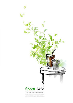 PSD 의자 일러스트 캘리그라피 탁자 붓터치 나뭇잎 잔 빨대 사람없음 초록색 자연보호 환경 그린캠페인 종이컵 에코 번짐 아이스커피 덩쿨나무 테이크아웃컵 국내일러스트 나무 식기 커피 캠페인 컬러 가구 잎 자연 컵 보호 일회용 파일형식 효과