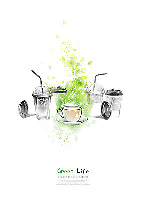 PSD 일러스트 캘리그라피 붓터치 나뭇잎 사람없음 초록색 자연보호 환경 그린캠페인 커피잔 종이컵 일회용 에코 번짐 테이크아웃컵 국내일러스트 커피 캠페인 컬러 잎 자연 잔 컵 보호 파일형식 효과