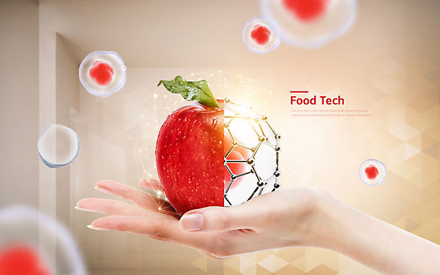 PSD 편집이미지 손 미래 한손 기술 들기 신체부위 빨간색 한개 사과 DNA 베이지색 푸드테크 이미지편집 1 컬러 컨셉 과일 모션 IT 사람 생명공학 파일형식 4차산업