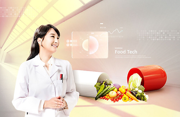 PSD 편집이미지 응시 여자 채소 과일 미래 기술 한명 미소 사람 상반신 성인 앞모습 30대 컬러풀 알약 회색 한국인 연구원 성인여자한명만 푸드테크 이미지편집 직업 1 시선 뷰포인트 컬러 컨셉 표정 IT 동양인 장년 약 여자한명만 성인여자만 파일형식 4차산업