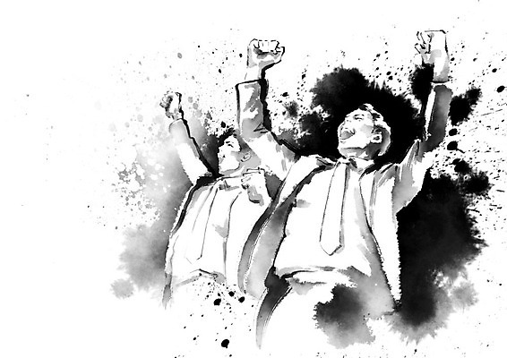 PSD 남자 일러스트 캘리그라피 응원 붓터치 흑백 사람 정장 상반신 성인 두명 파이팅 외침 주먹 기쁨 직장인 비즈니스맨 번짐 열정 성인남자만 국내일러스트 직업 옷 감정 비즈니스 모션 촬영기법 소리 남자만 성인만 파일형식 효과