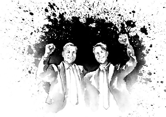 PSD 남자 중년 일러스트 캘리그라피 응원 어깨동무 붓터치 흑백 미소 사람 정장 상반신 성인 두명 파이팅 직장인 비즈니스맨 자신감 상사 직원 번짐 열정 국내일러스트 직업 옷 감정 포즈 비즈니스 모션 촬영기법 표정 파일형식 효과