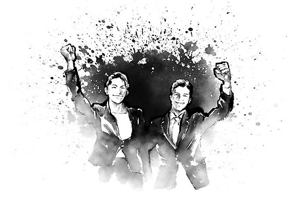 PSD 여자 남자 일러스트 캘리그라피 응원 붓터치 흑백 미소 사람 정장 상반신 성인 두명 파이팅 주먹 직장인 비즈니스맨 비즈니스우먼 자신감 번짐 열정 국내일러스트 직업 옷 감정 비즈니스 모션 촬영기법 표정 파일형식 효과