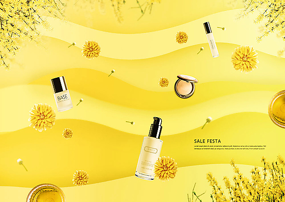 PSD 편집이미지 꽃 물결 사람없음 쇼핑 뷰티 노란색 세일 봄 화장품 개나리 아이섀도 메이크업베이스 파우더팩트 파운데이션 이미지편집 식물 계절 컬러 파일형식