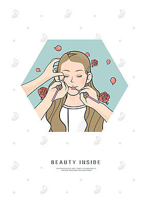 PSD 긴머리 손 여자 일러스트 한명 사람 상반신 성인 신체부위 파란색 화장 뷰티 장미 눈감음 뷰티샵 메이크업브러쉬 국내일러스트 1 헤어스타일 꽃 컬러 모션 상점 붓 파일형식