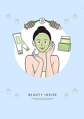 PSD 여자 일러스트 한명 사람 상반신 성인 초록색 파란색 뷰티 피부 피부관리 마스크팩 꽃프레임 마사지크림 마사지팩 셀프 국내일러스트 1 꽃 컬러 프레임 신체부위 화장품 팩 파일형식