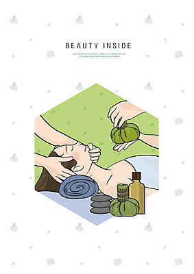 PSD 손 여자 일러스트 한명 사람 상반신 성인 신체부위 초록색 파란색 눕기 뷰티 돌_바위 마사지 마사지샵 오일병 찜질팩 국내일러스트 1 컬러 모션 찜질 파일형식