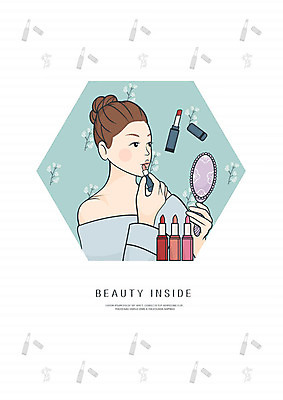 PSD 응시 여자 일러스트 한명 사람 상반신 성인 파란색 뷰티 립스틱 손거울 올림머리 국내일러스트 1 헤어스타일 시선 컬러 화장품 거울 파일형식