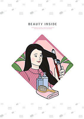 PSD 긴머리 헤어스타일 여자 분홍색 잎 일러스트 한명 사람 상반신 성인 초록색 수건 뷰티 머리빗 웨이브 헤어용품 고데기 셀프 국내일러스트 식물 1 컬러 위생용품 미용용품 파일형식