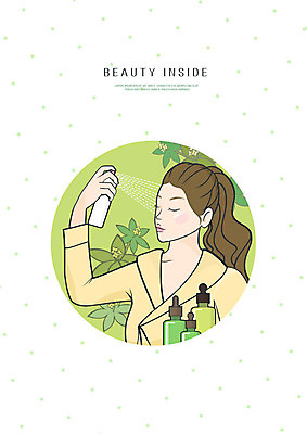 PSD 여자 일러스트 나뭇잎 한명 사람 상반신 성인 초록색 뷰티 노란색 뿌리기 피부 피부관리 스킨 미스트 앰플 국내일러스트 1 컬러 잎 모션 신체부위 화장품 파일형식