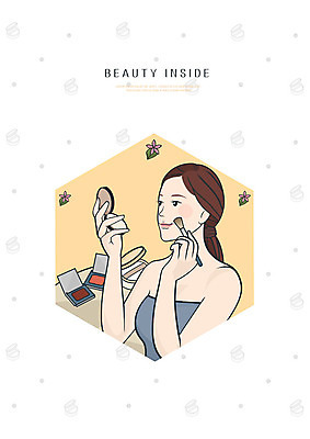 PSD 응시 여자 꽃잎 일러스트 한명 미소 사람 상반신 성인 화장 뷰티 노란색 거울 손거울 아이섀도 메이크업브러쉬 파우더팩트 파운데이션 국내일러스트 1 시선 꽃 컬러 표정 화장품 붓 파일형식