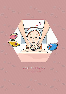 PSD 여자 꽃잎 얼굴 분홍색 일러스트 관리 한명 사람 상반신 성인 신체부위 파란색 뷰티 양손 마사지 머리띠 마사지샵 마사지팩 국내일러스트 1 손 꽃 컬러 장신구 파일형식