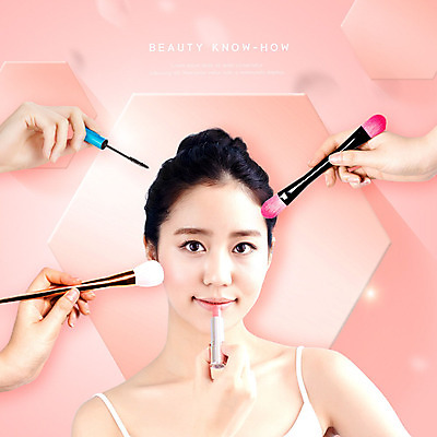 PSD 편집이미지 손 응시 여자 분홍색 한명 미소 사람 상반신 20대 성인 앞모습 신체부위 화장 뷰티 한국인 립스틱 마스카라 화사함 이미지편집 1 시선 뷰포인트 컬러 컨셉 표정 동양인 청년 화장품 파일형식