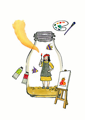 PSD 여자 어린이 두마리 일러스트 유리병 수채화 어류 한명 사람 물감 꿈 붓 팔레트 열대어 이젤 화가 정물화 소녀한명만 국내일러스트 직업 1 2 병_용기 수중동물 미술도구 그림 여자한명만 소녀만 파일형식