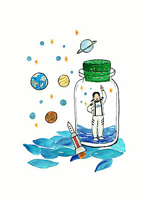 전신 PSD 여자 별 지구 어린이 잎 일러스트 유리병 수채화 한명 사람 파란색 우주 꿈 행성 로켓 우주비행사 가리킴 우주복 소녀한명만 국내일러스트 자연요소 식물 1 옷 컬러 병_용기 손짓 여자한명만 소녀만 파일형식