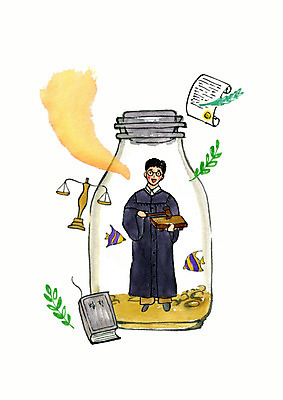 전신 PSD 남자 어린이 두마리 일러스트 유리병 나뭇잎 수채화 저울 어류 한명 사람 초록색 꿈 판사복 열대어 문서 의사봉 법관 양팔저울 법전 소년한명만 국내일러스트 1 컬러 잎 2 병_용기 책 수중동물 가운 법률가 남자한명만 소년만 파일형식