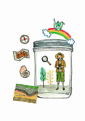 전신 PSD 나무 여자 어린이 무지개 지도 일러스트 돋보기 유리병 수채화 한명 사람 망원경 꿈 탐험 나침반 화석 종이학 고고학자 땅속 지질 소녀한명만 국내일러스트 자연요소 식물 1 병_용기 종이접기 여자한명만 소녀만 파일형식