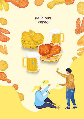 전신 PSD 서양인 외국인 여자 남자 행복 한식 여행 흑인 일러스트 생맥주 한국 서기 사람 앉기 성인 두명 노란색 치킨 프라이드치킨 양념치킨 즐거움 맛집 국내여행 치맥 맛있는 국내일러스트 감정 아시아 음식 컬러 모션 맥주 인종 닭고기요리 파일형식