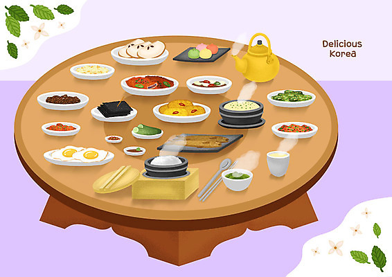 PSD 행복 한식 여행 일러스트 반찬 떡 한국 사람없음 보라색 배 상차림 즐거움 생선구이 한정식 맛집 국내여행 돌솥밥 전주 한식당 맛있는 국내일러스트 감정 아시아 음식 컬러 과일 밥 식당 전라북도 구이 생선요리 정식 파일형식