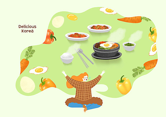 전신 PSD 서양인 외국인 여자 행복 한식 여행 일러스트 김치 파프리카 한국 한명 사람 앉기 성인 빨간색 초록색 당근 만세 즐거움 비빔밥 맛집 국내여행 채식주의자 욜로라이프 맛있는 비건음식 국내일러스트 1 라이프스타일 감정 아시아 음식 컬러 채소 모션 뿌리채소 인종 채식 파일형식 비건