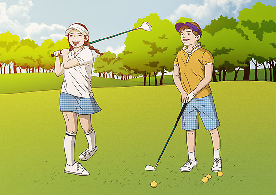 전신 PSD 여자 남자 어린이 스포츠 포즈 골프 일러스트 골프장 골프공 사람 잔디 야외 두명 초록색 골프채 스윙 골프웨어 즐거움 아트툰 어린이만 국내일러스트 식물 옷 감정 컬러 공 스포츠시설 골프용품 구기 그림 파일형식