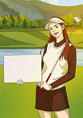 PSD 모델 배너 여자 스포츠 골프 일러스트 골프장 한명 미소 들기 사람 잔디 상반신 성인 야외 초록색 팻말 골프채 연못 골프웨어 알림 아트툰 성인여자한명만 국내일러스트 식물 1 옷 컬러 스포츠시설 모션 골프용품 프레임 표정 구기 그림 여자한명만 성인여자만 파일형식